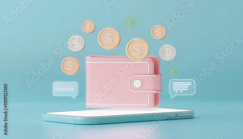 A pink wallet sits on a blu...