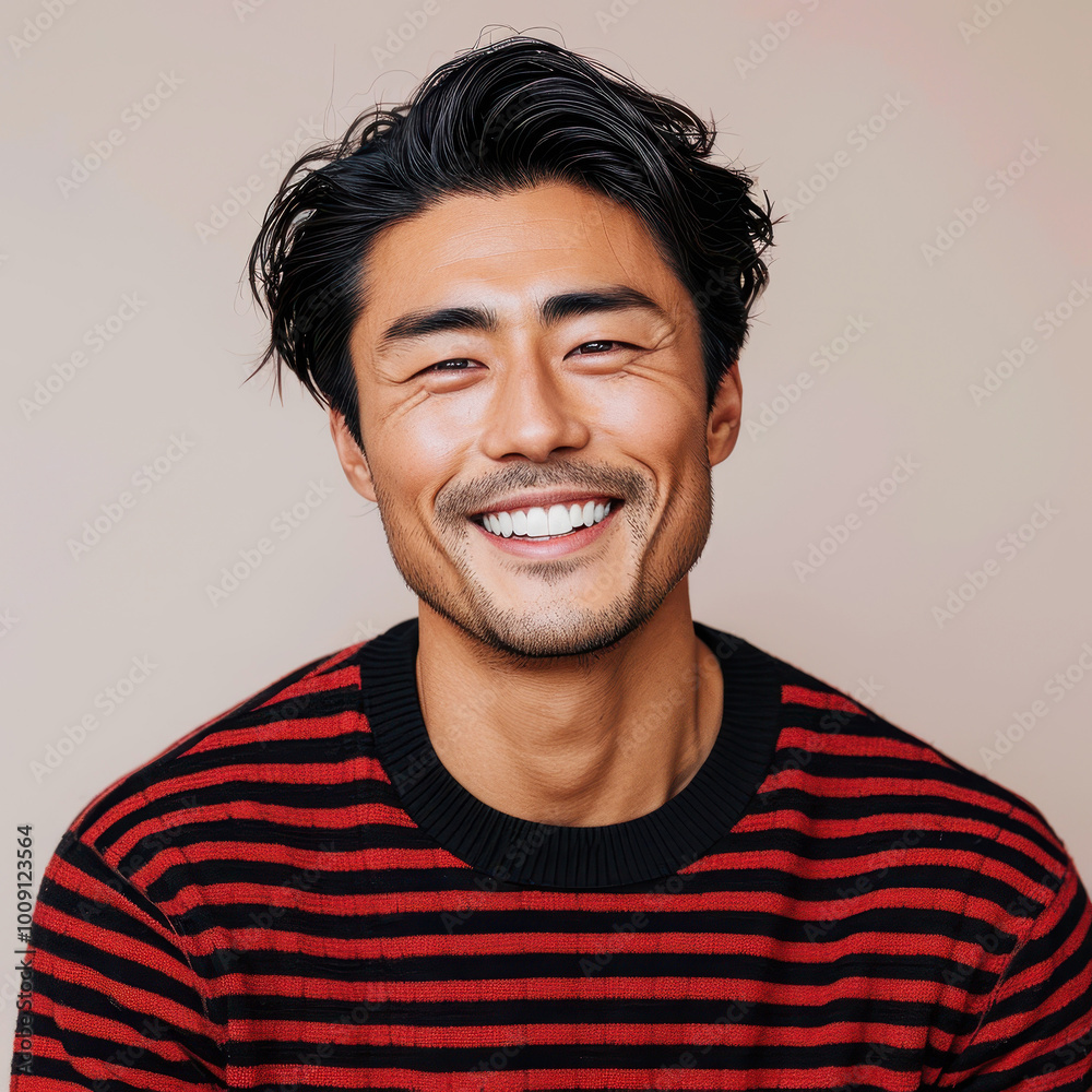 Portrait of a smiling Southeast Asian man with jet-black hair in his 30s, wearing a striped shirt, exuding happiness and confidence Portrait of a smiling Southeast Asian man with jet-black hair in his 30s, wearing a striped shirt, exuding happiness and confidence