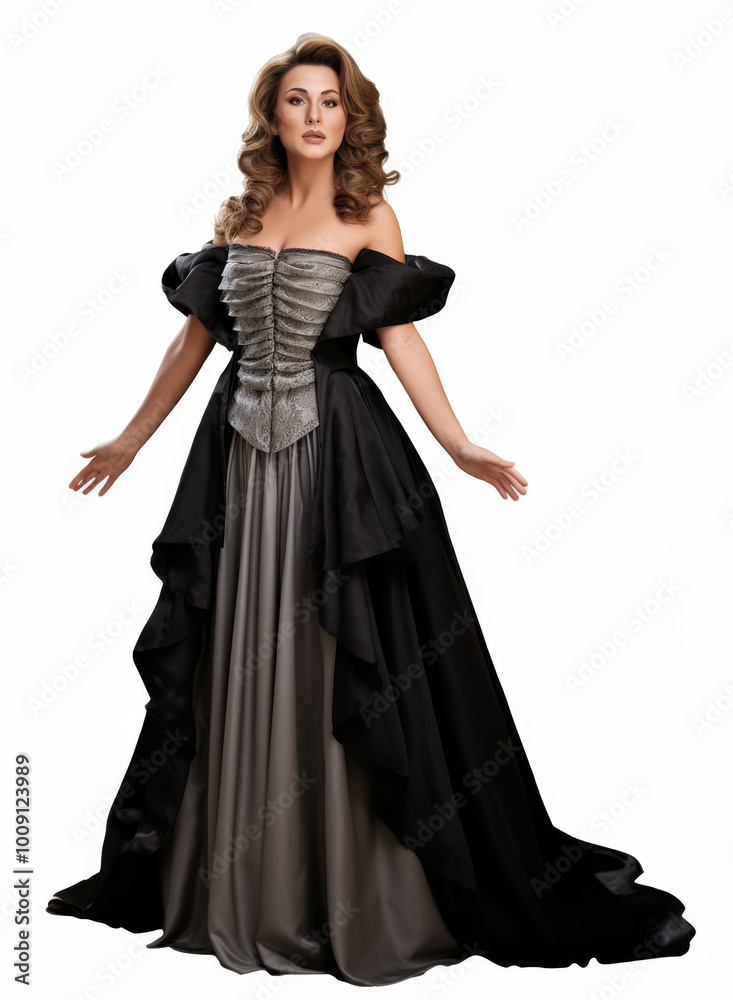 Friendly female opera singer in elegant gown performing passionately on stage Friendly female opera singer in elegant gown performing passionately on stage