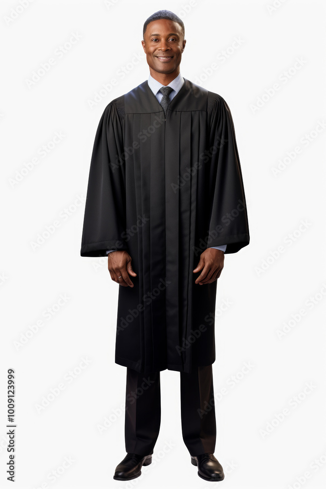 Friendly male judge in full body shot, smiling in black robe for portrait Friendly male judge in full body shot, smiling in black robe for portrait