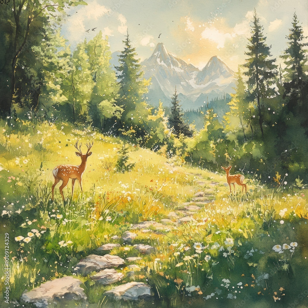 Fototapeta premium A serene landscape with deer grazing in a sunlit meadow surrounded by majestic mountains and lush greenery.