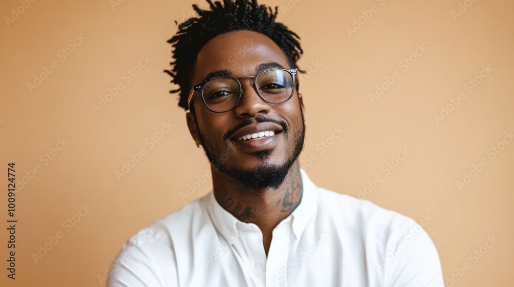 Obraz premium A man with glasses and a beard is smiling