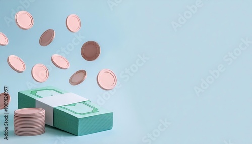 A stack of cash with coins ...
