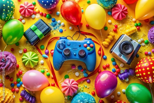 Colorful birthday celebration theme for gamers featuring vibrant decorations and gaming accessories photo