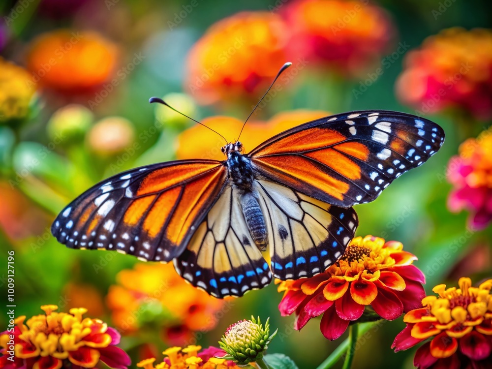 Colorful butterfly perched delicately on vibrant flower, showcasing nature's beauty and harmony Colorful butterfly perched delicately on vibrant flower, showcasing nature's beauty and harmony