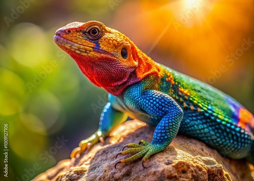 Colorful butterfly lizard basking on a rock in its natural habitat under the warm sunlight outdoors photo