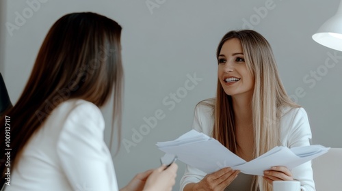 Two women are talking in a room with a white wall