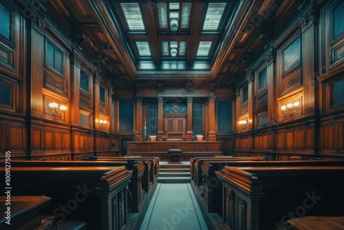 A dimly lit courtroom with wooden benches and chandeliers, ideal for use in scenes about justice, law, or mystery