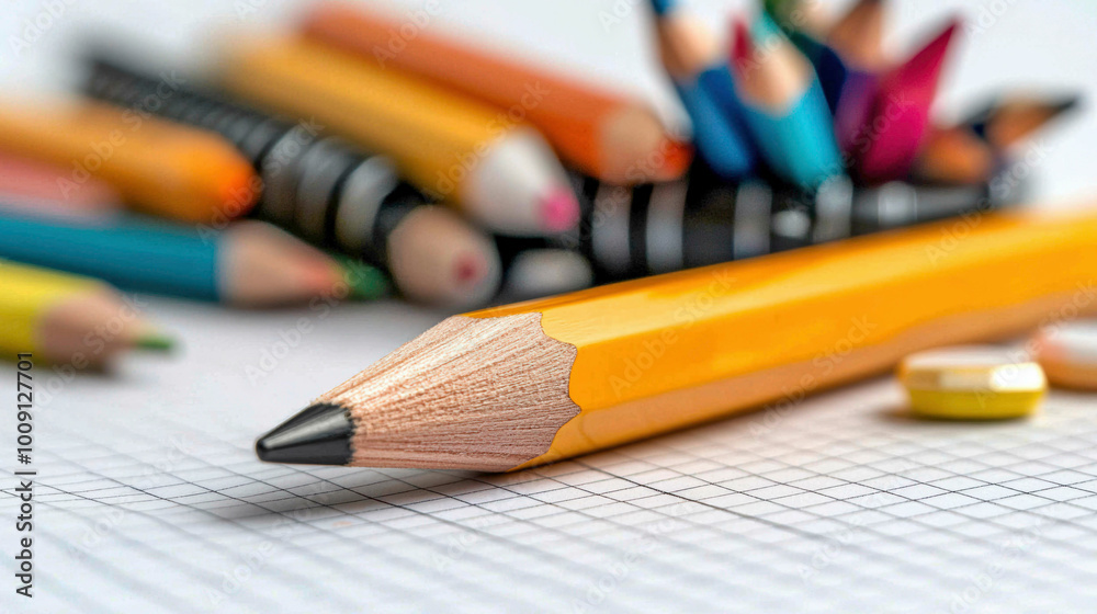 Fototapeta premium A close-up of a sharpened yellow pencil resting on a graph paper notebook, surrounded by colorful pencils in the background. The scene highlights creativity, precision, and focused work.