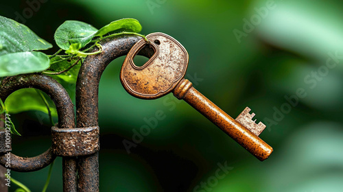 A rusty vintage key hanging on an old iron gate surrounded by lush green foliage, symbolizing mystery, secrets, and hidden discoveries, with an antique and weathered aesthetic.