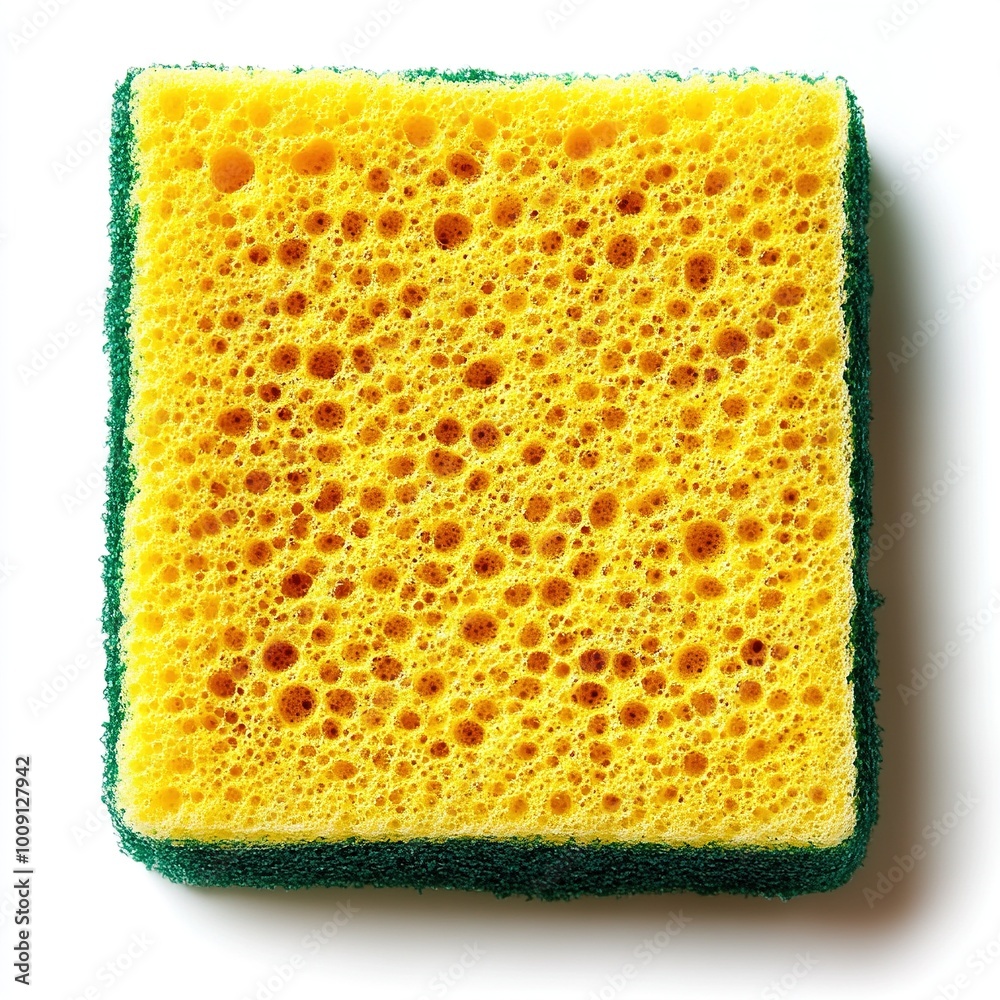 Fototapeta premium A yellow kitchen sponge with a green scrubber side, used for cleaning dishes and surfaces.