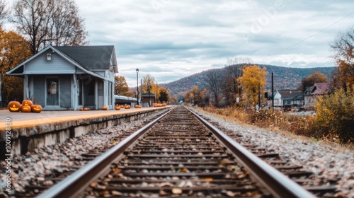 An old abandoned train station with jack-o-lanterns placed on the platform photo