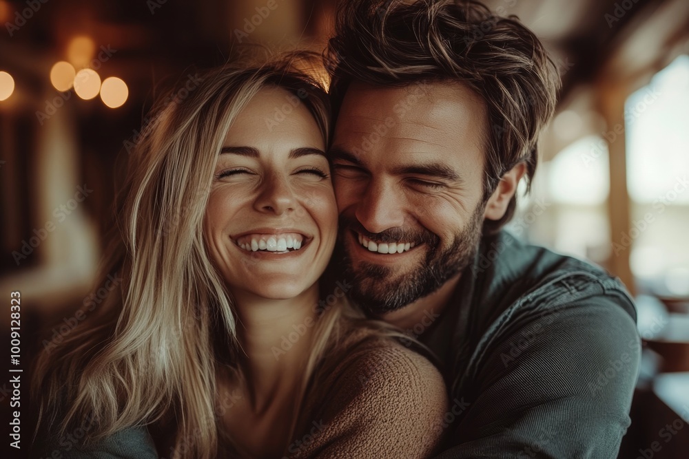 Happy couple having fun in a cozy cafe setting, Generative AI Happy couple having fun in a cozy cafe setting, Generative AI