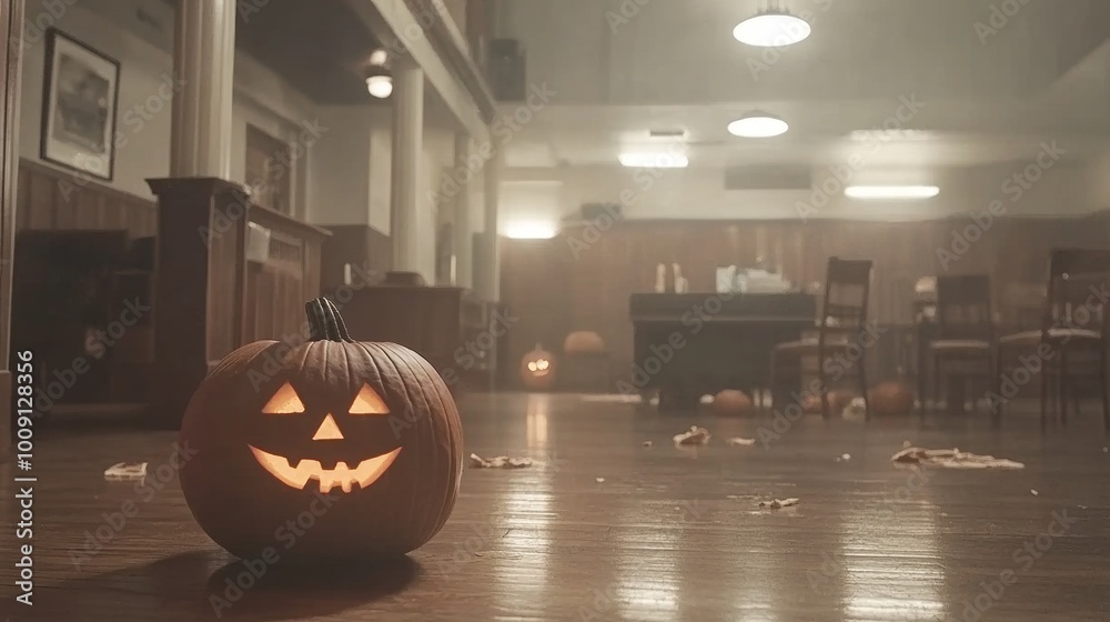 Fototapeta premium An old crumbling cathedral with pumpkins glowing from the broken windows