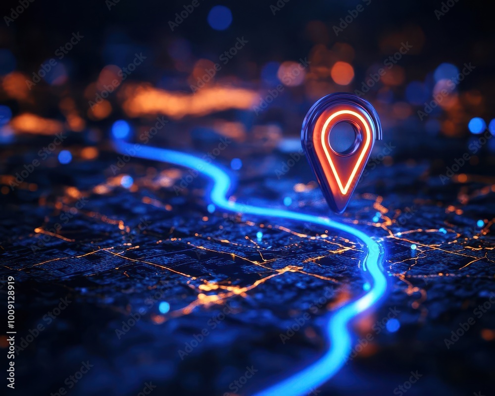 GPS pin on a digital map with a curved route path highlighted in blue ...