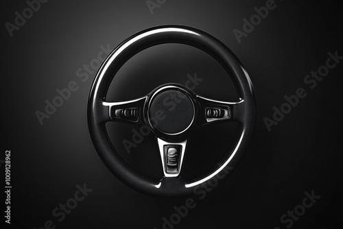 A close-up shot of a car's steering wheel on a dark background photo