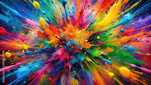 Dynamic abstract colorful splatter painting with bold patterns and energetic brushstrokes low angle