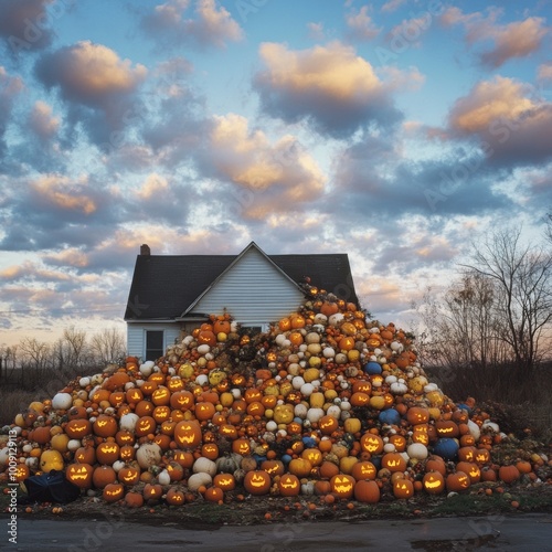 Cozy suburban house transformed into a Halloween spectacle covered in pumpkins photo