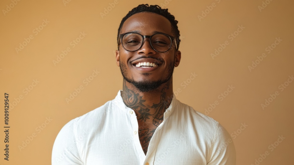 Fototapeta premium A man with a beard and glasses is smiling and wearing a white shirt