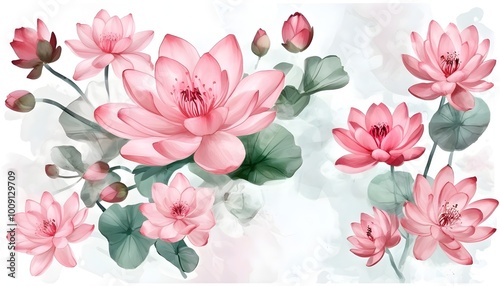 Serene watercolor lotus blooms with vibrant pink petals and fresh green lily pads, showcasing a peaceful nature theme in sharp focus