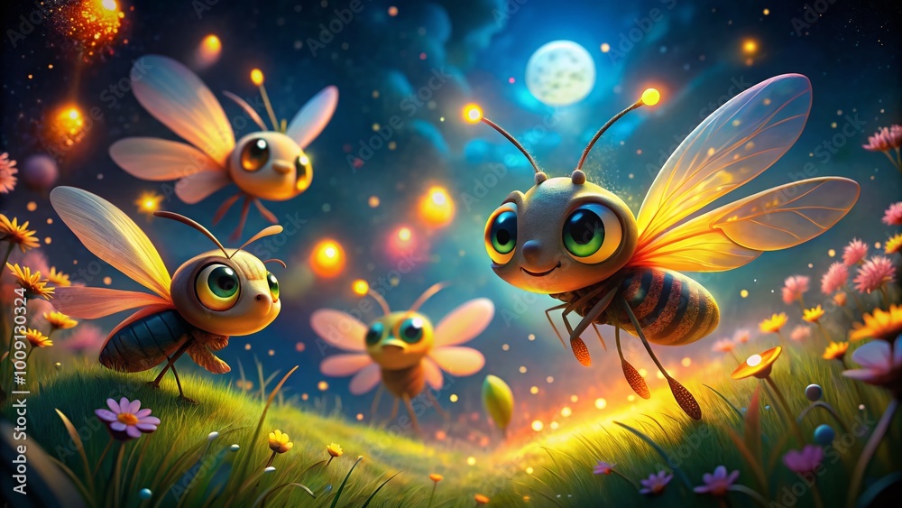 Colorful Cartoon Fireflies Glowing in a Magical Night Sky with Twinkling Stars and Nature Elements Colorful Cartoon Fireflies Glowing in a Magical Night Sky with Twinkling Stars and Nature Elements