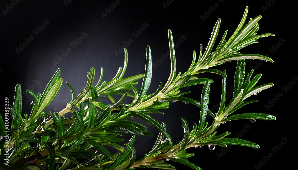 Fototapeta premium rosemary with water drops on a pitch solid black background