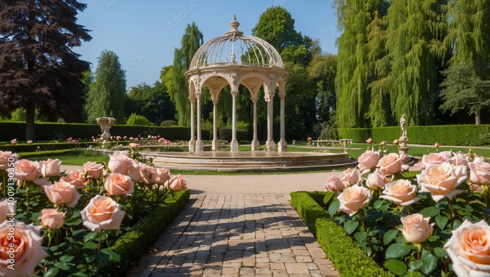 Obraz premium garden with fountain and pink flowers
