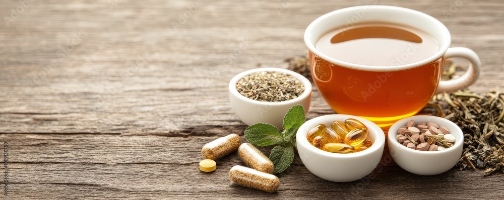 A variety of herbal teas and supplements on a rustic table, symbolizing natural remedies and preventive health practices A variety of herbal teas and supplements on a rustic table, symbolizing natural remedies and preventive health practices