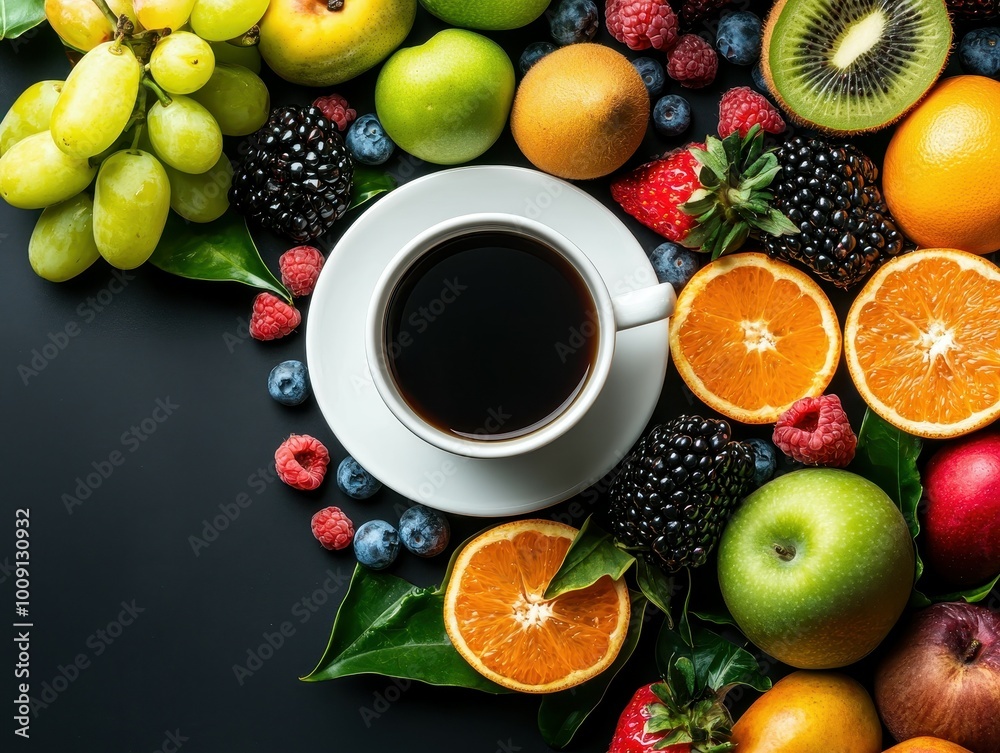 A white cup of coffee surrounded by a vibrant assortment of fresh fruits. A white cup of coffee surrounded by a vibrant assortment of fresh fruits.