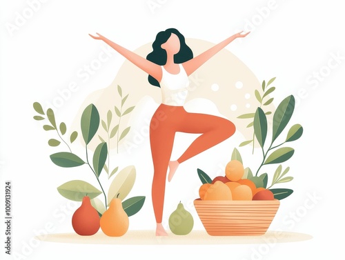A yoga pose on a natural landscape, with a basket of organic fruits in the background, symbolizing holistic fitness
