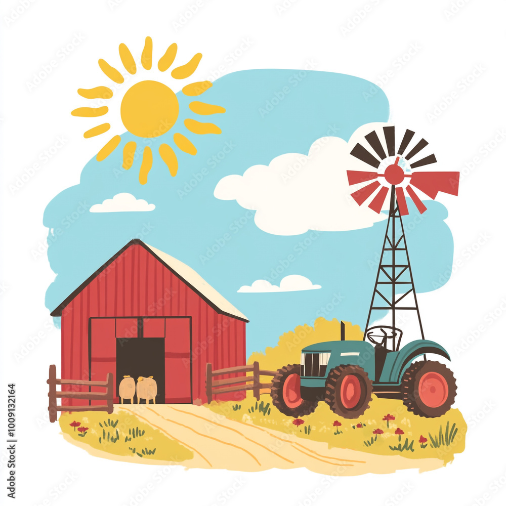 Obraz premium A simple illustration of a farm with a barn and windmill on a white background. 