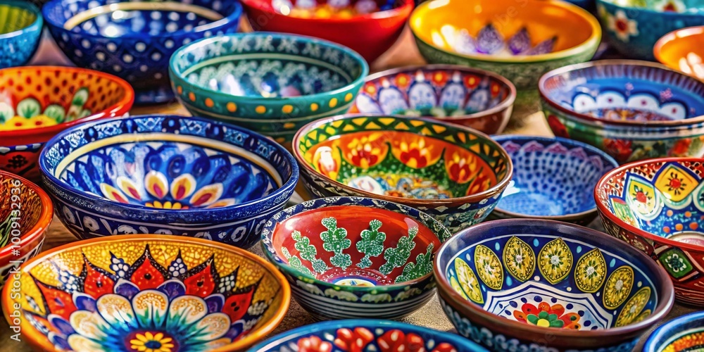 Colorful ceramic bowls arranged in a playful manner, showcasing vibrant designs and patterns Colorful ceramic bowls arranged in a playful manner, showcasing vibrant designs and patterns