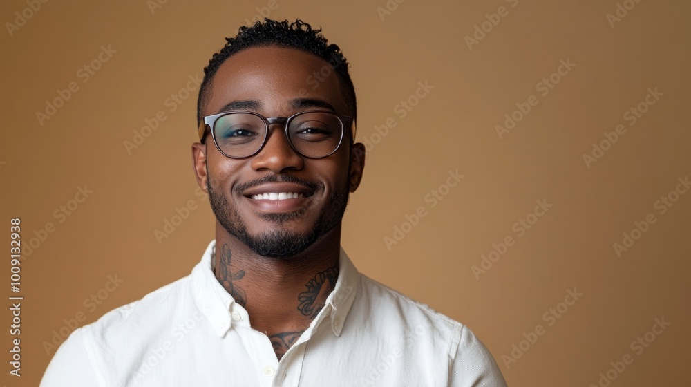 Fototapeta premium A man with glasses and a tattoo on his neck is smiling
