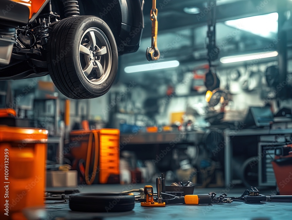 Fototapeta premium Dynamic Garage Scene: Mechanic Lifting Heavy Engine Block Amidst Tools and Car Parts – Perfect for High-Energy Sports Interior Decor