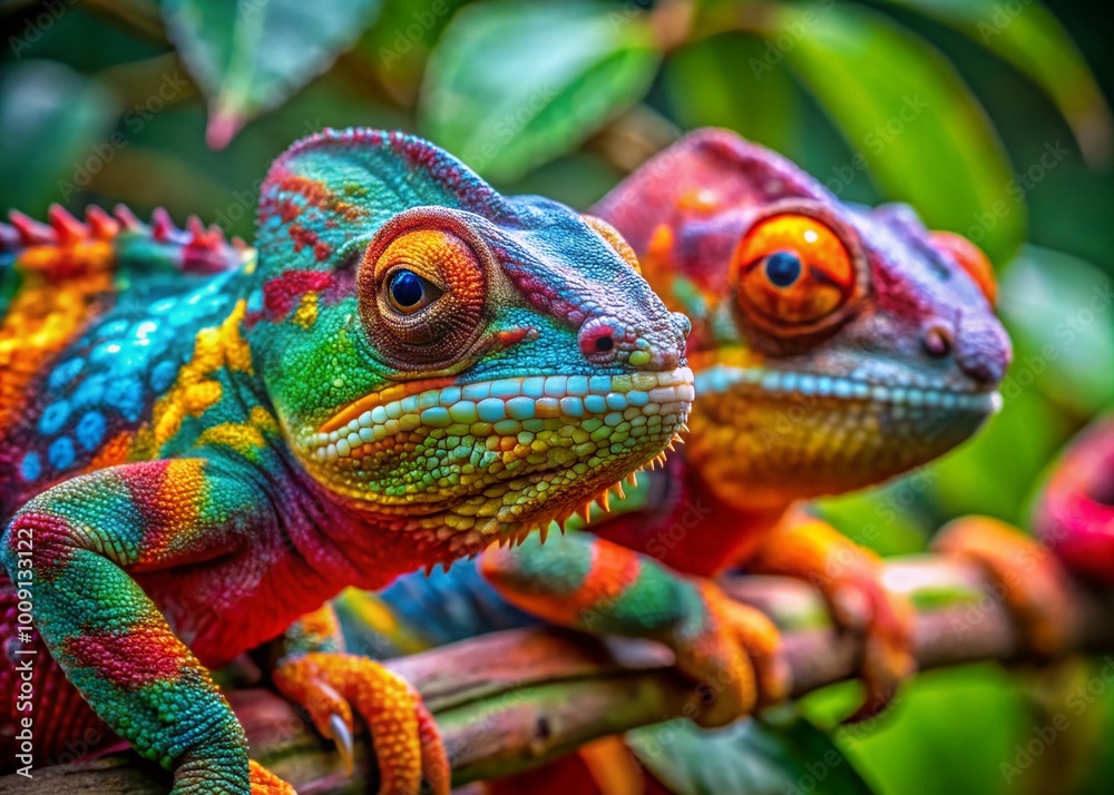 Colorful Chameleon Lizards Camouflaged in Nature, Displaying Vibrant Colors and Unique Patterns Colorful Chameleon Lizards Camouflaged in Nature, Displaying Vibrant Colors and Unique Patterns