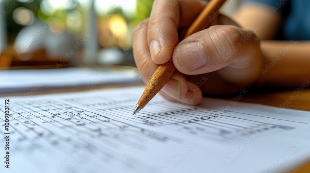 A close-up of a person's hand holding a pencil while writing on a sheet of paper filled with charts and graphs, reflecting a focus on detailed work or study A close-up of a person's hand holding a pencil while writing on a sheet of paper filled with charts and graphs, reflecting a focus on detailed work or study