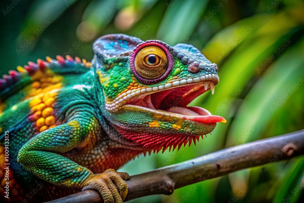 Obraz premium Colorful chameleon showing its unique teeth while perched on a branch in a tropical environment