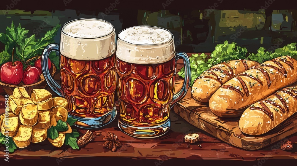 Two mugs of beer and a plate of bread, perfect for a cozy evening or outdoor gathering Two mugs of beer and a plate of bread, perfect for a cozy evening or outdoor gathering