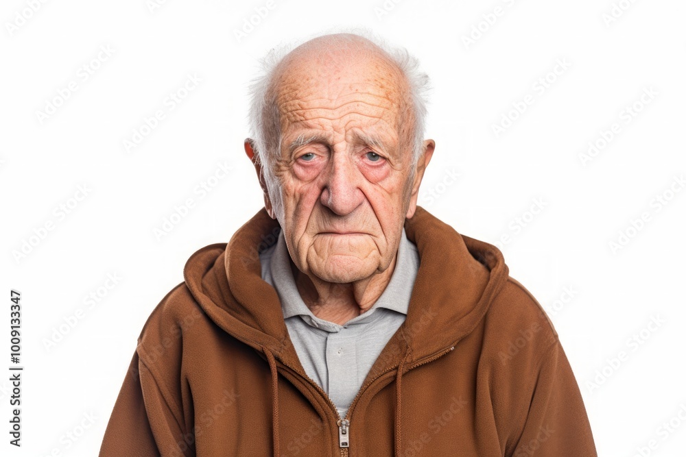 Portrait of a jovial elderly 100 years old man sporting a comfortable hoodie in white background Portrait of a jovial elderly 100 years old man sporting a comfortable hoodie in white background