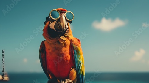 Adventurous Parrot in Aviator Goggles Perched on Pirate s Shoulder photo