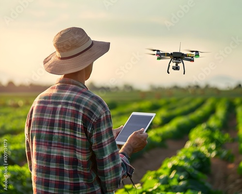 Farmer using drone to monitor crops and optimize agriculture technology photo