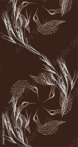  stylized birds in a circle with blades of grass.