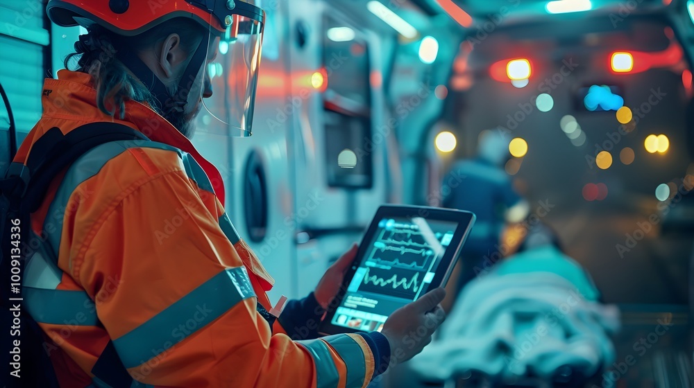 Fototapeta premium Paramedic Using Portable Device for Remote Specialist Consultation with Patient Vital Signs Transmission