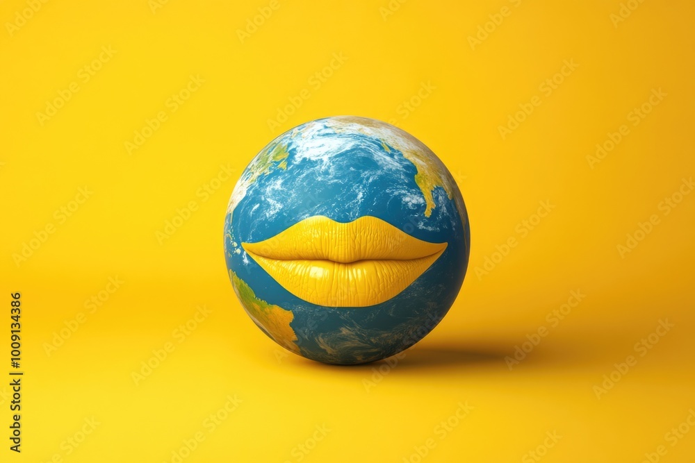 A globe with a yellow lip painted on it A globe with a yellow lip painted on it