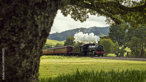  black steam train with red stripes and white dots on the side is moving through green fields in New Zealand's national park. 