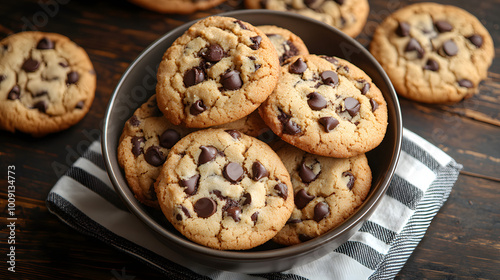 A Bowl of Cookies on a Striped Napkin, Chocolate Chip Cookies in a Cozy Kitchen Setting 