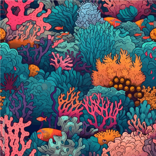 Bright and colorful coral reef vector illustration with fish and marine life. Suitable for wrapping paper, fabric prints, and aquatic-themed designs.