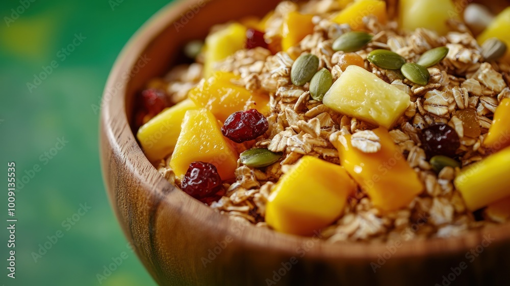 A wooden bowl filled with oatmeal, mango, pineapple, cranberries, and pumpkin seeds.