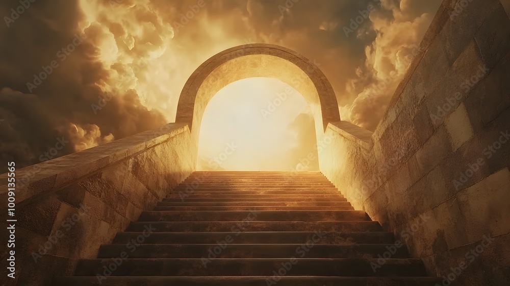 Fototapeta premium Stairs leading to the sky, with an archway of light shining through clouds at their end