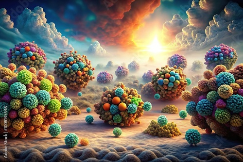 Dynamic illustration of cellular protein degradation process with proteasomes and ubiquitin molecules in surreal landscape photo